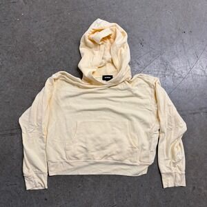 Monrow Women Pale Yellow Cropped Hoodie Sweatshirt Boxy Fleece Kangaroo Pocket